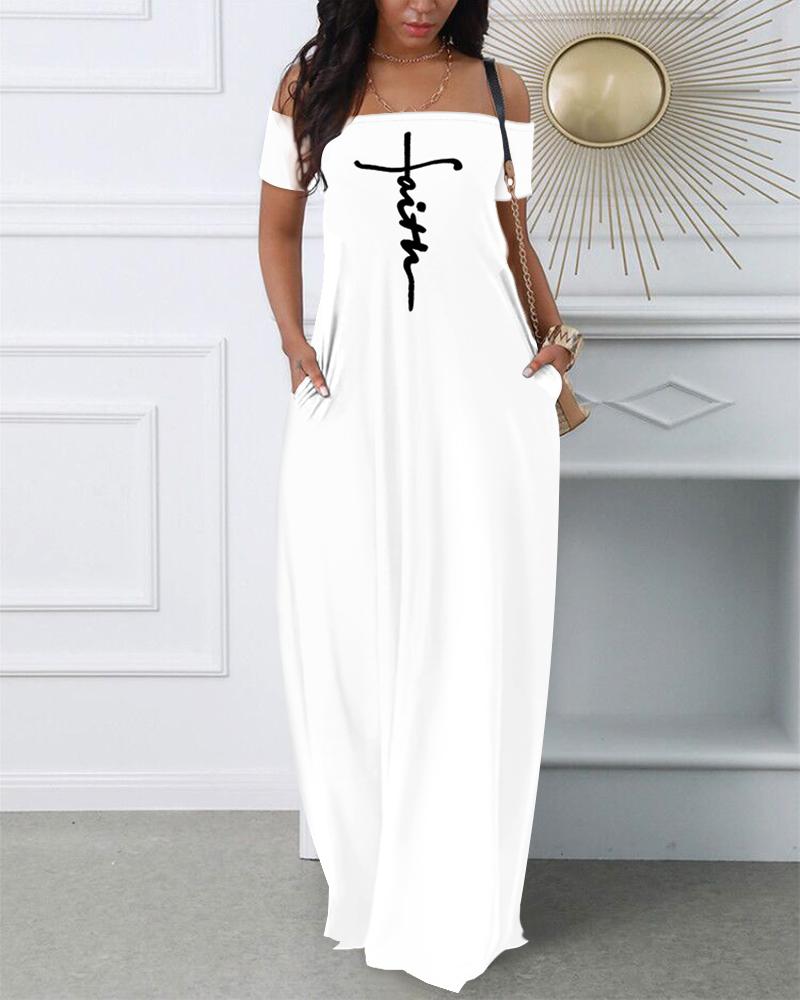 

Letter Print Off Shoulder Casual Dress, White