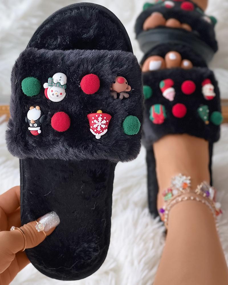 

Christmas Tree Snowman Cartoon Fuzzy Slippers, Black