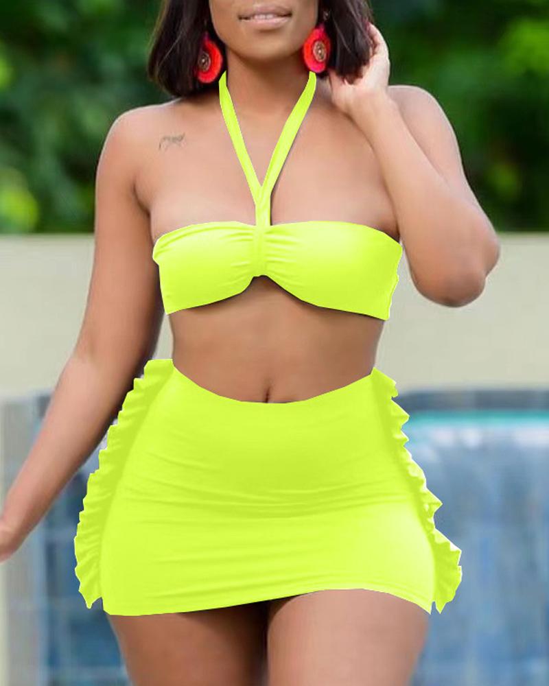 

Ruffle Hem Halter Backless Bikini Set, Yellow