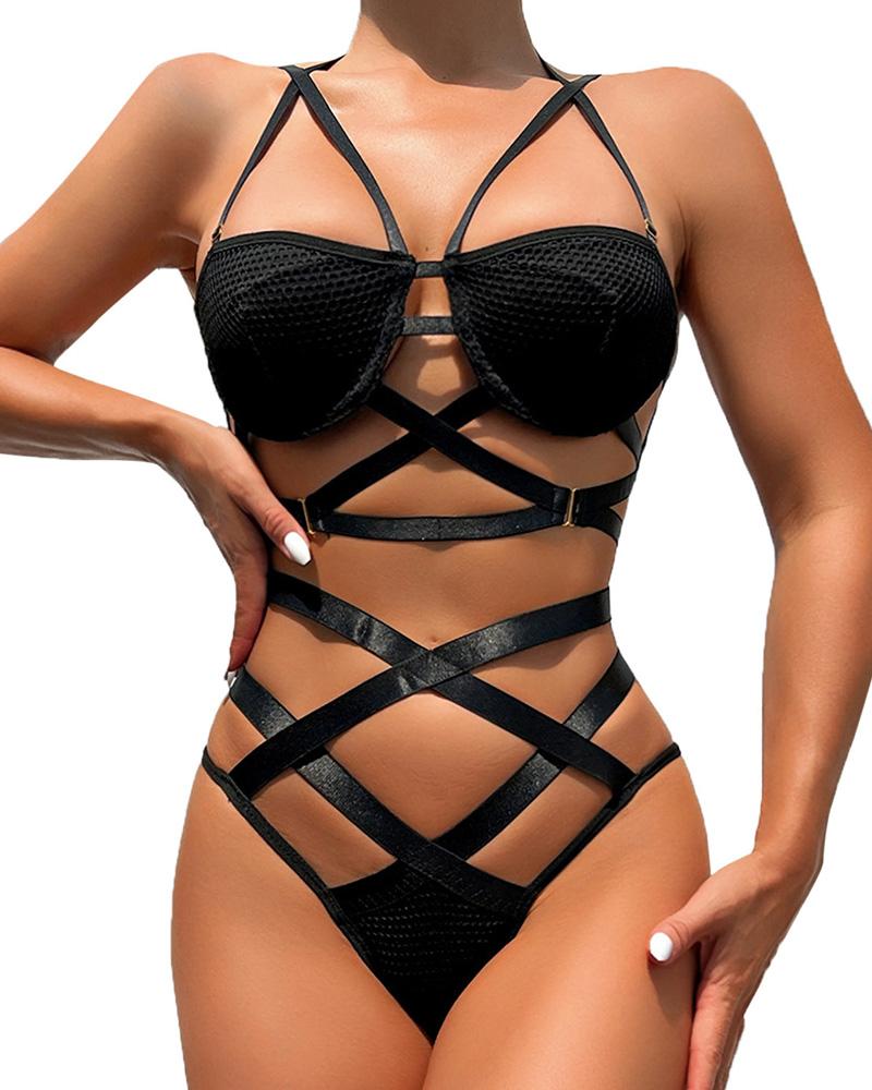 

Multi-strap Cutout Backless Lingerie Set, Black