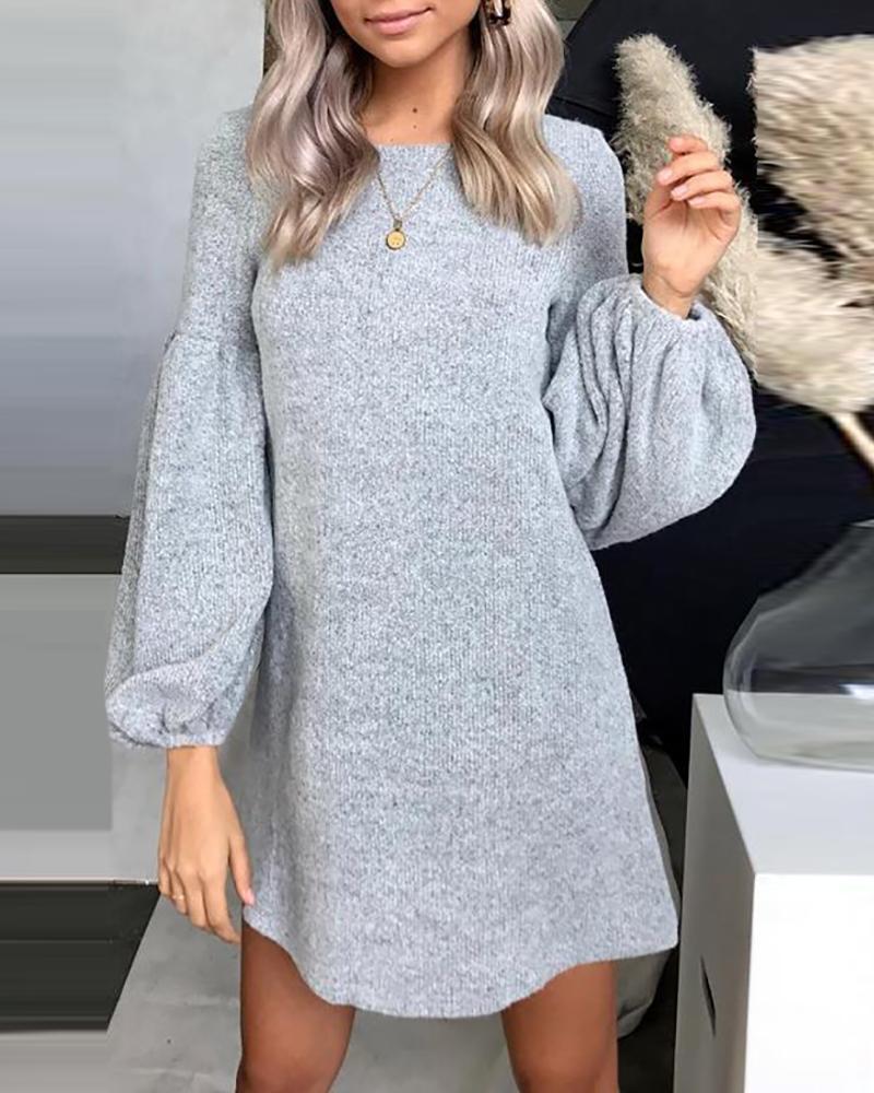 

Lantern Sleeve Knit Casual Sweater Dress, Gray