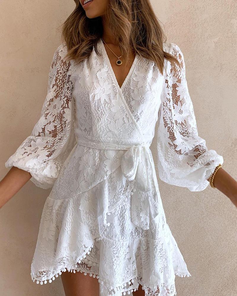 

Plain Lace Hem Strappy Ruffle Dress, White