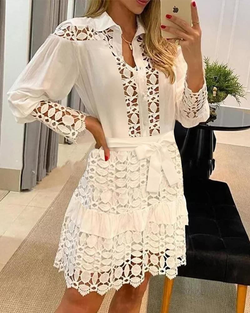

Guipure Lace Patch Long Sleeve Shirt Dress, White