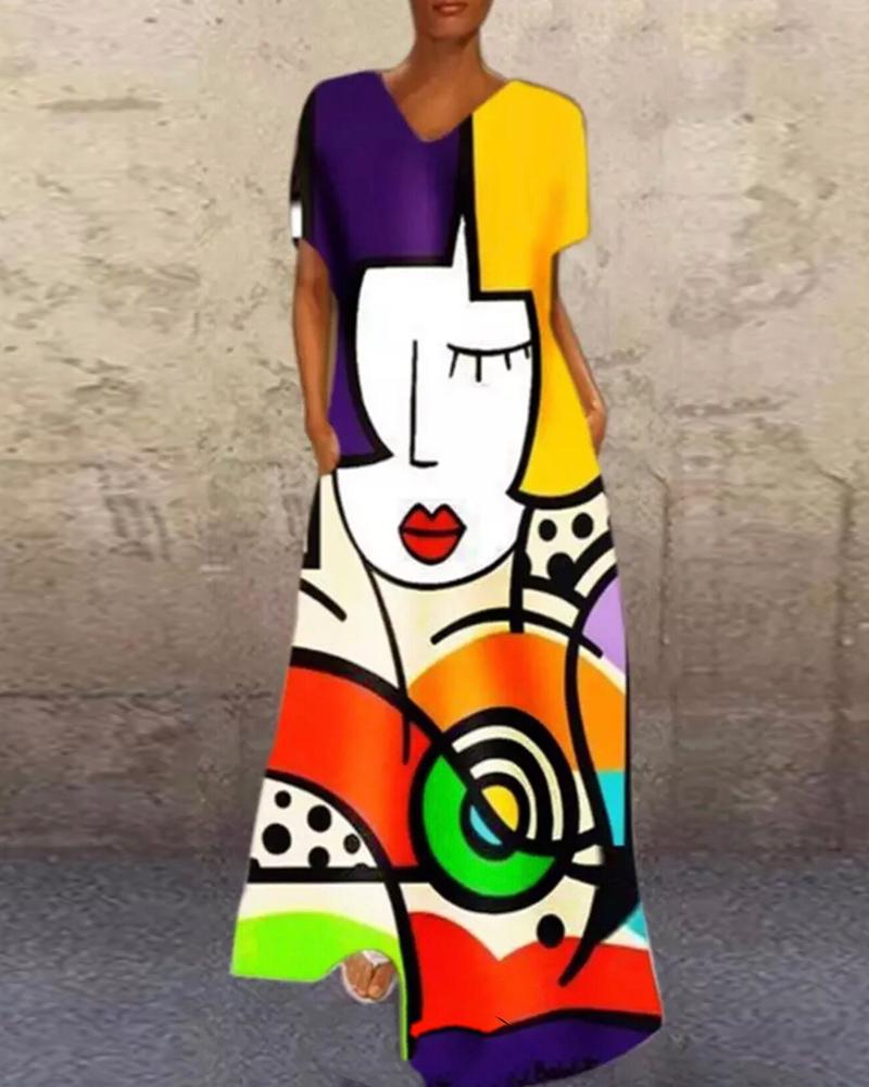 

V Neck Abstract Figure Print Maxi Dress, Multicolor