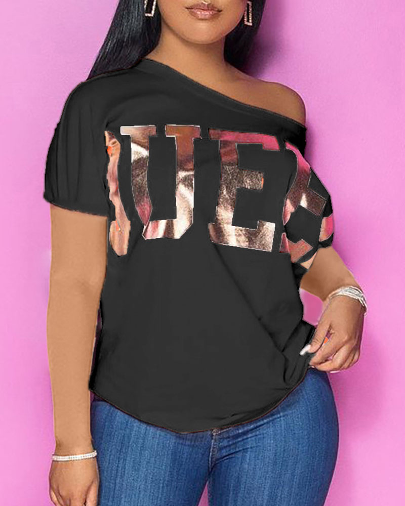 

Letter Print Short Sleeve Round Neck T-shirt, Black