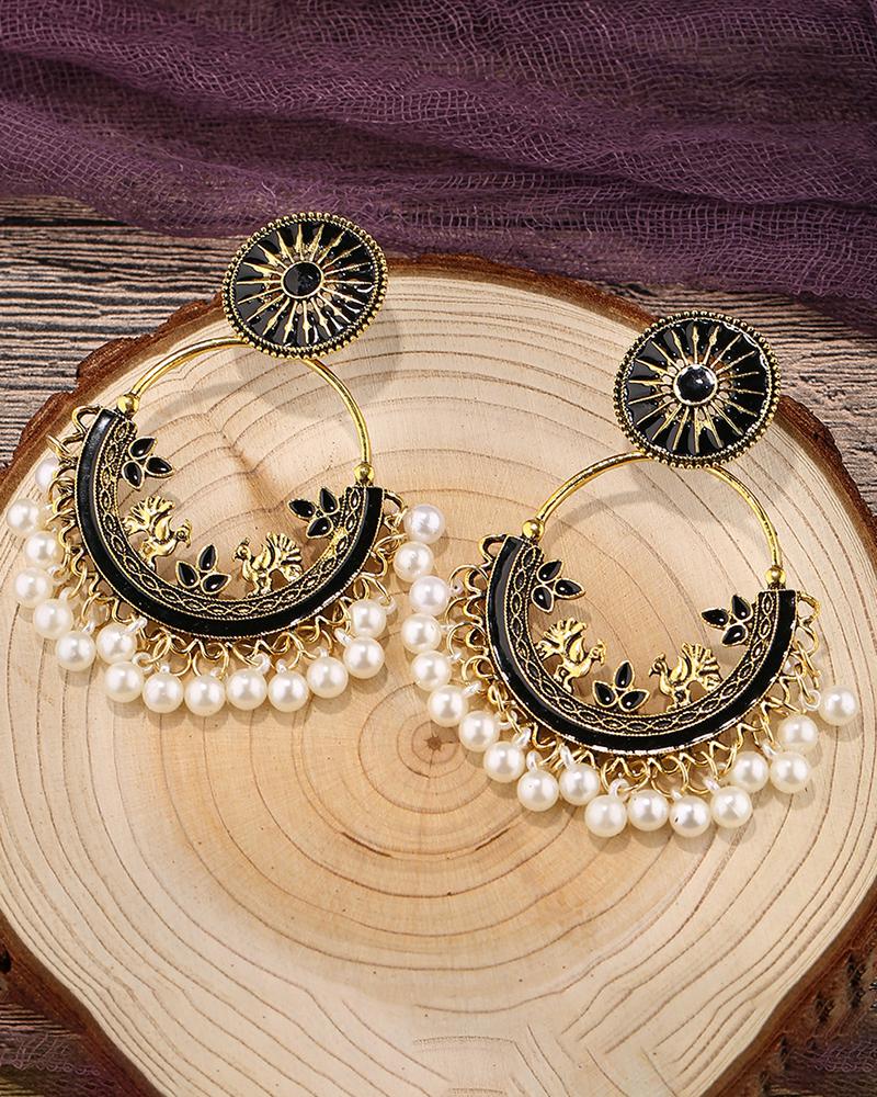 

1Pair Animal Floral Geometric Pattern Beaded Tassel Hoop Earrings, Black