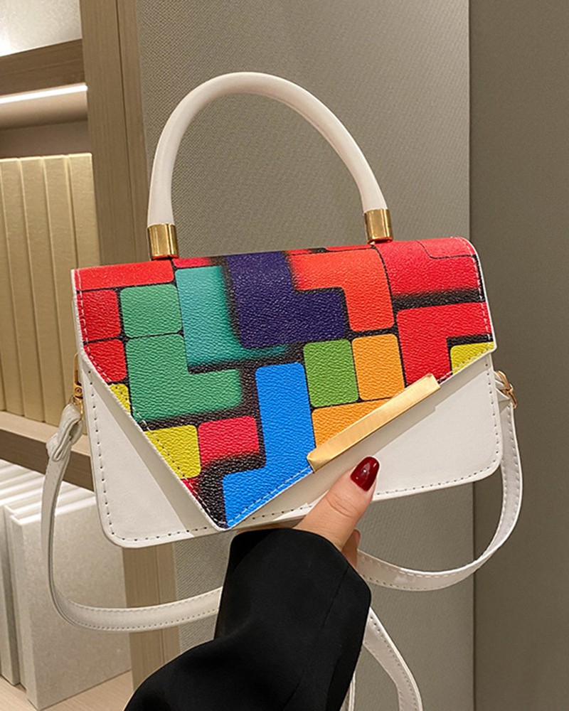 Colorblock Top Handle Flap Satchel Bag