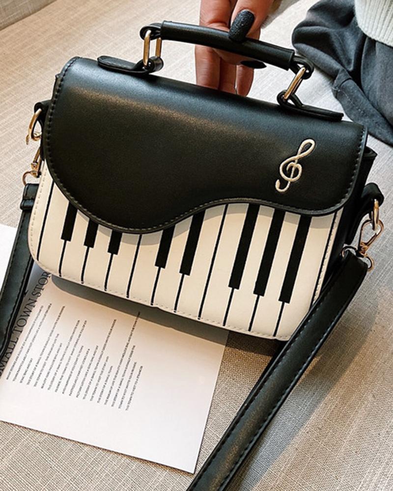 

Colorblock Piano Flap Satchel Bag, Black