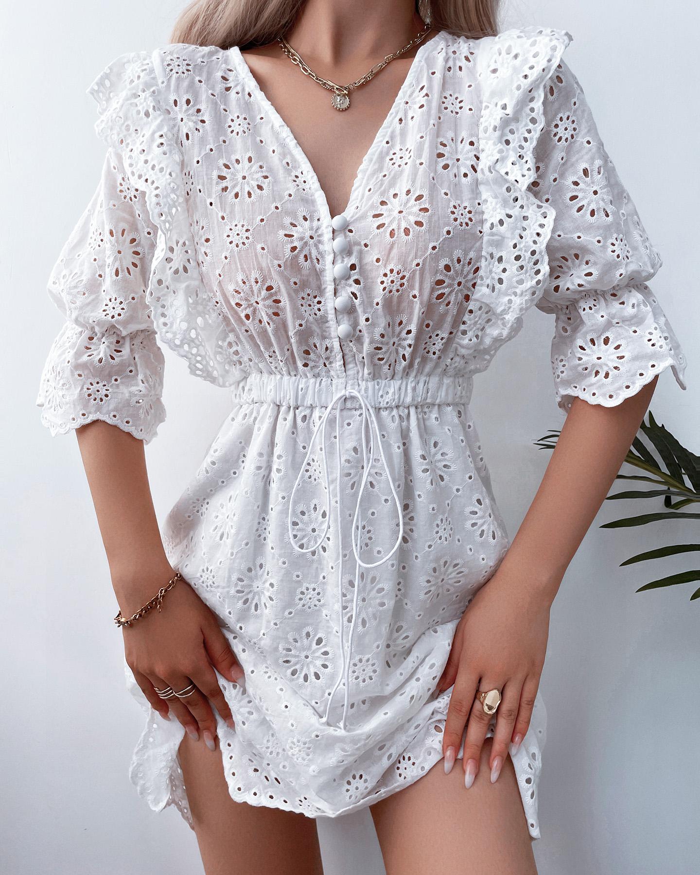 

Eyelet Embroidered Button Design Casual Dress, White