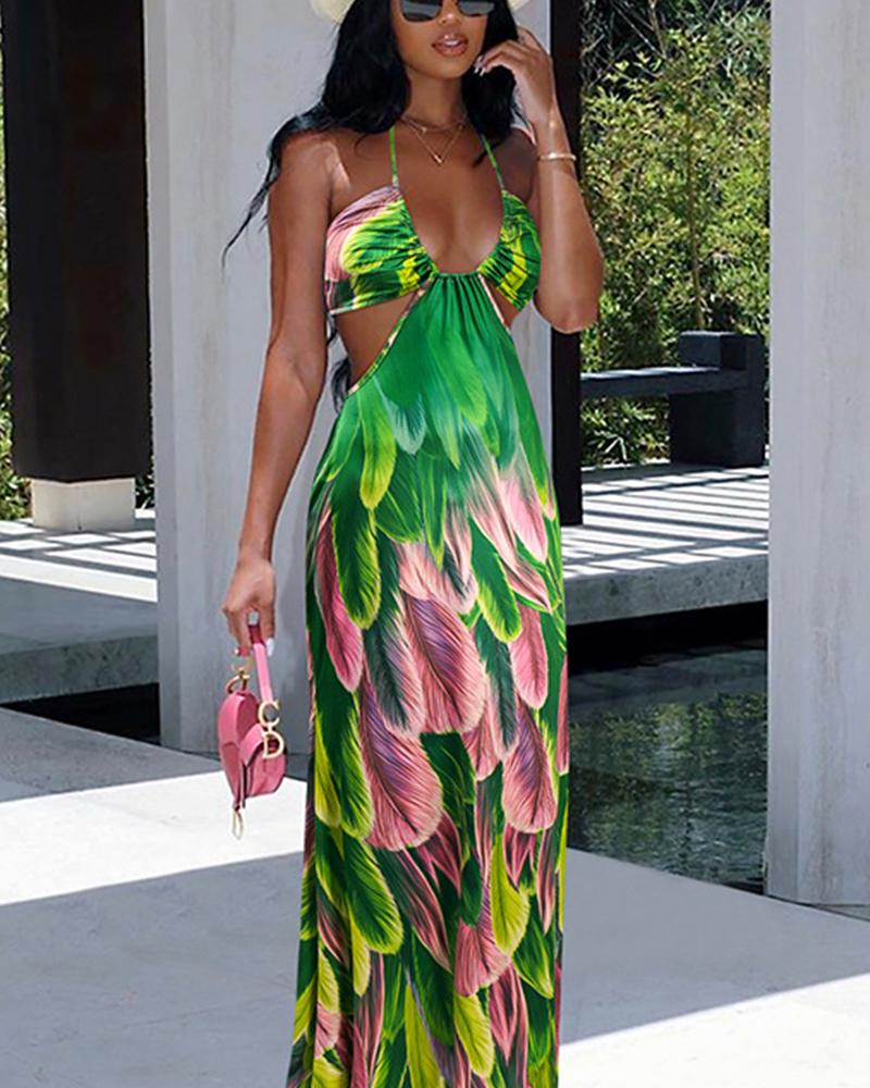 

Multicolor Feather Print Cut-out Sleeveless Mixi Dress, Green