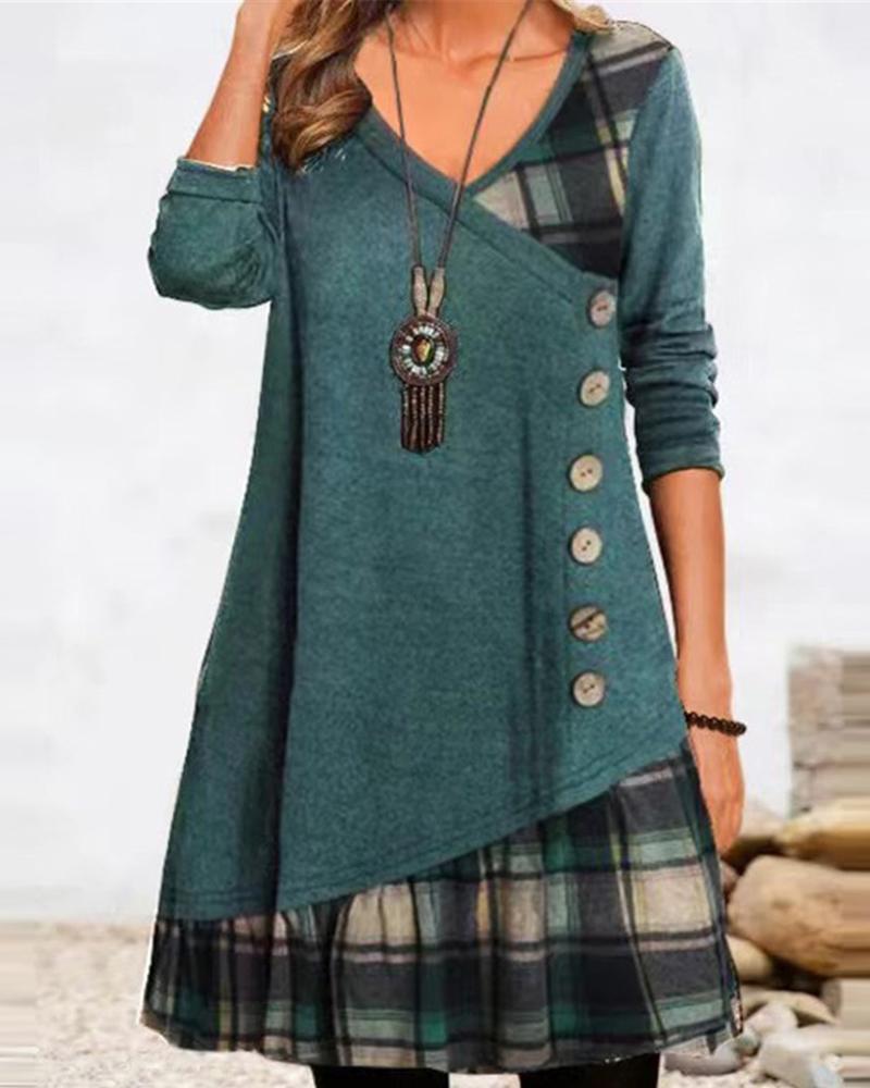 

Plaid Print Button Front Casual Dress, Green