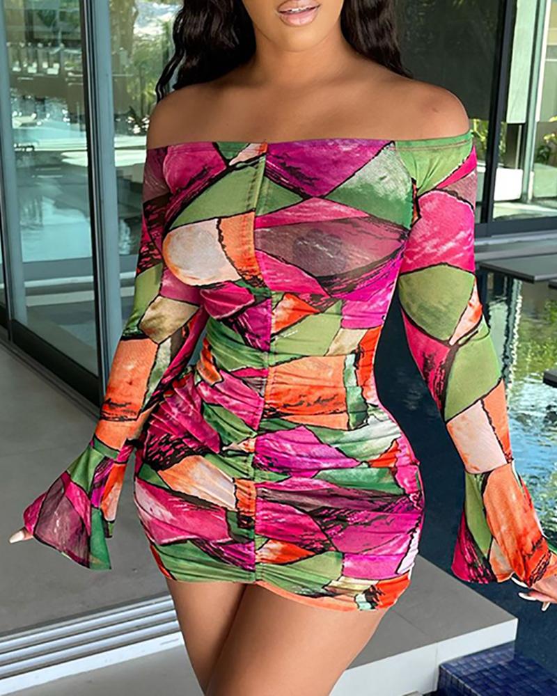 

Bell Sleeve Off Shoulder Colorblock Drawstring Dress, Hot pink