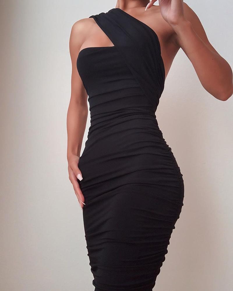 

One Shoulder Sleeveless Ruched Party Dress, Black