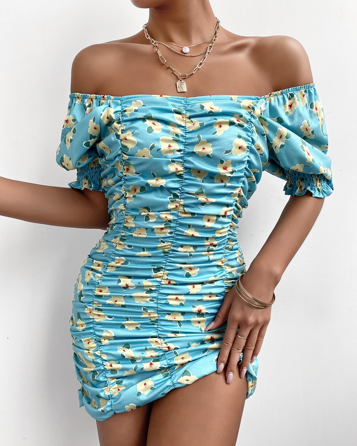 

Off Shoulder Ruched Puff Sleeve Floral Print Dress, Multicolor