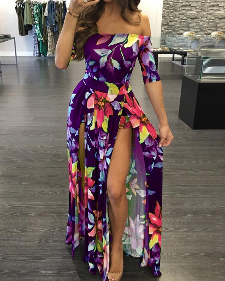 

High Slit Print Off Shoulder Maxi Romper Women Dress, Purple
