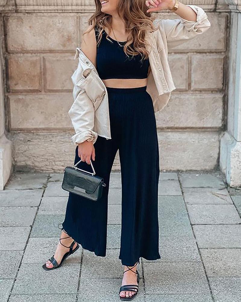 

Ribbed Sleeveless Top & Wide Leg Pants Set, Black
