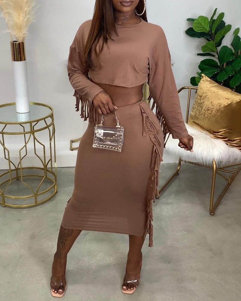 

Tassel Design Long Sleeve Top & High Waist Skirt Set, Brown