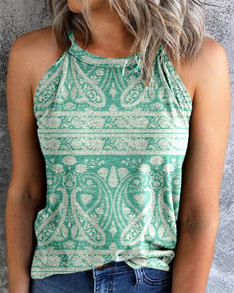 

Retro Paisley Tribal Print Tank Top, Green