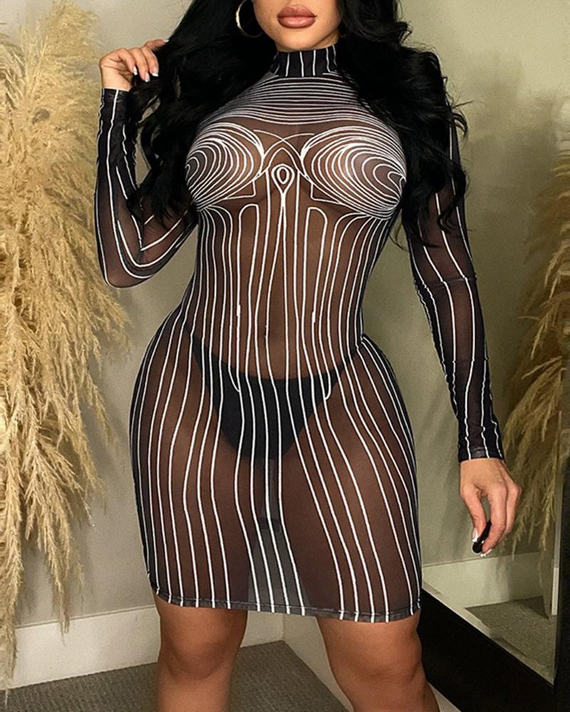 

Striped Sheer Mesh Bodycon Dress, Black
