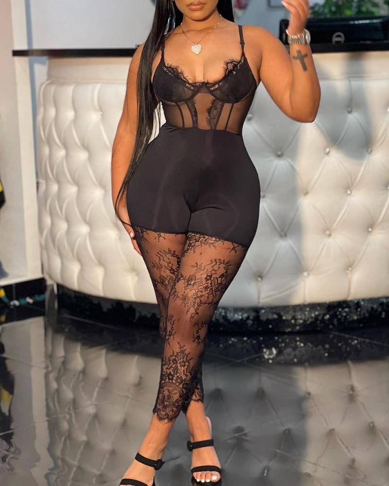 

Crochet Eyelash Lace Sheer Mesh Skinny Jumpsuit, Black