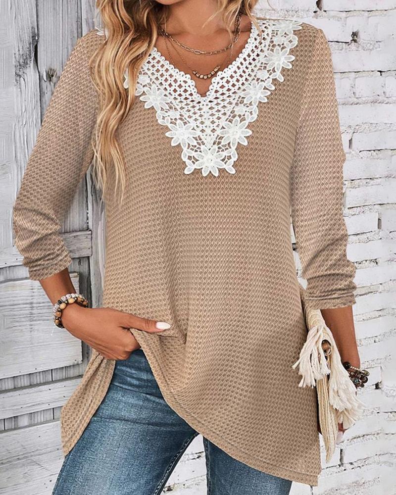 

Contrast Lace Notch Neck Waffle Knit Top, Khaki