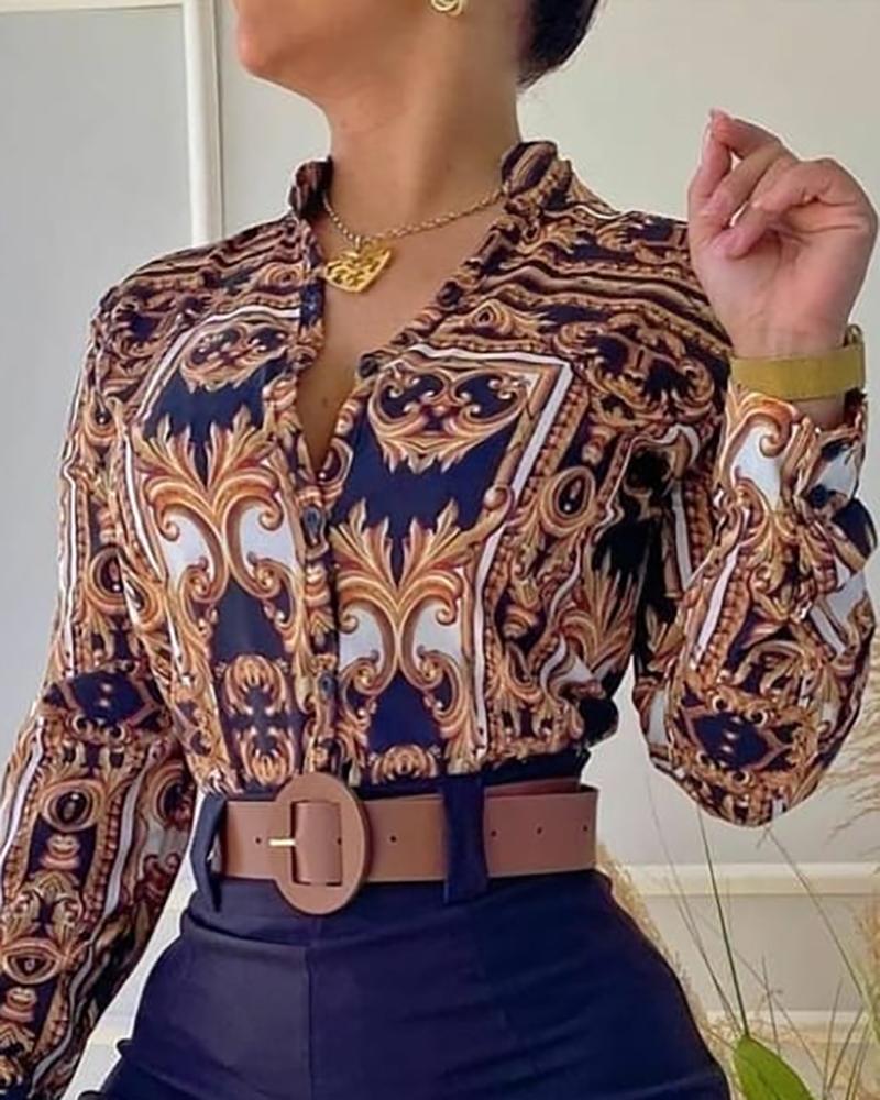 

Scarf Print Button Design Long Sleeve Shirt, Multicolor