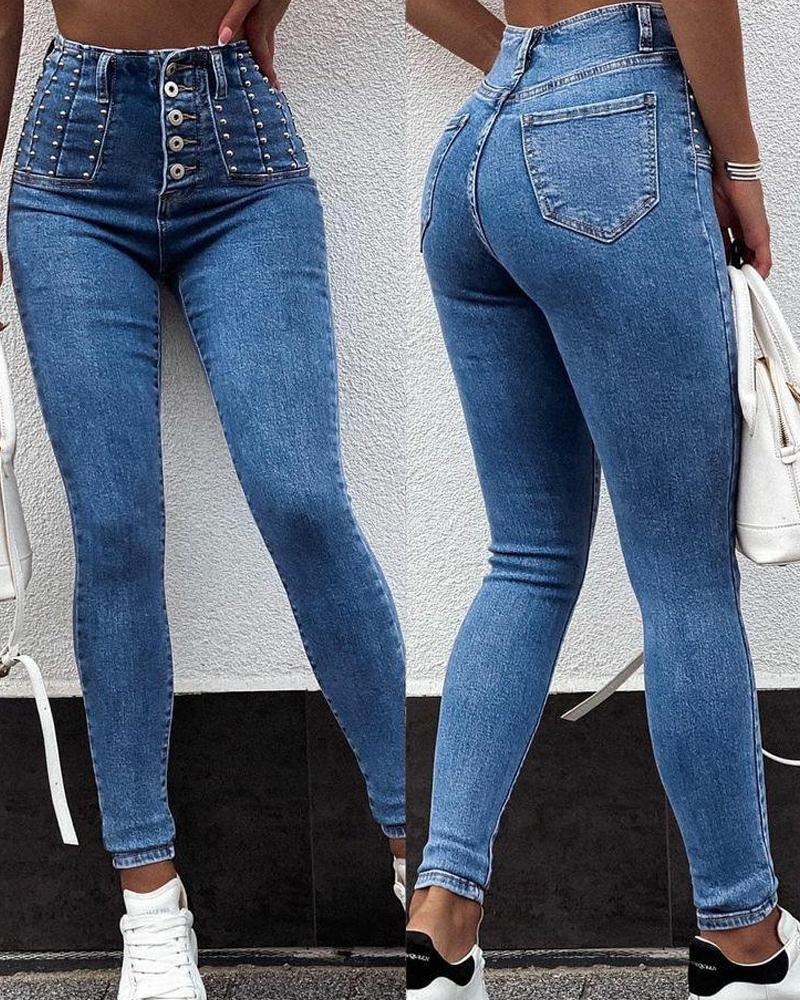 

Button Studded Decor Skinny Jeans, Blue