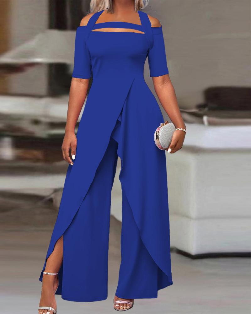

Asymmetrical Neck Wide Leg Jumpsuit, Blue