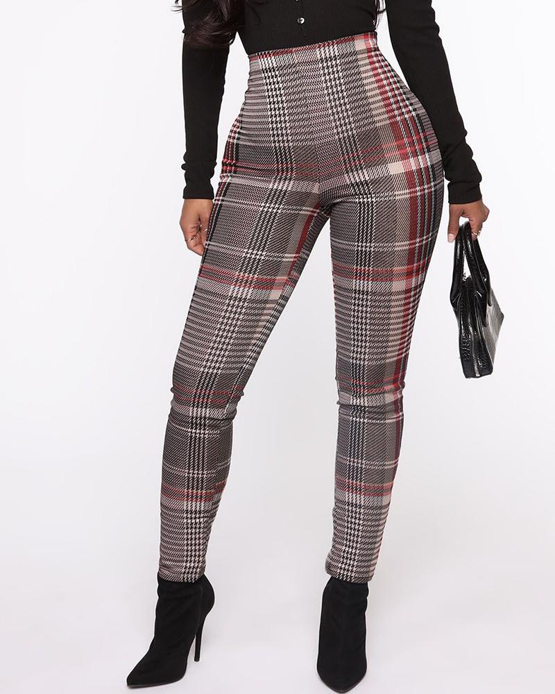 

High Waist Plaid Print Skinny Pants, Red