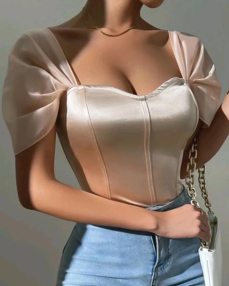 

Contrast Mesh Puff Sleeve Corset Bodysuit, Apricot