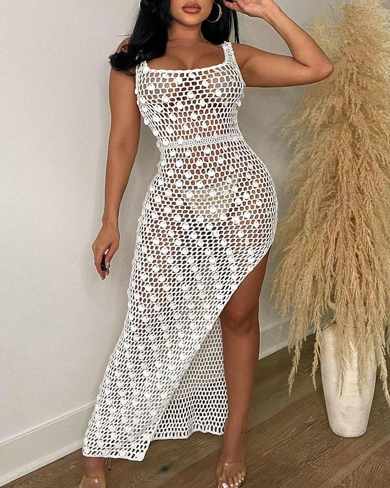 

Hollow Out Disc Decor Slit Crochet Cover Up Dress, White