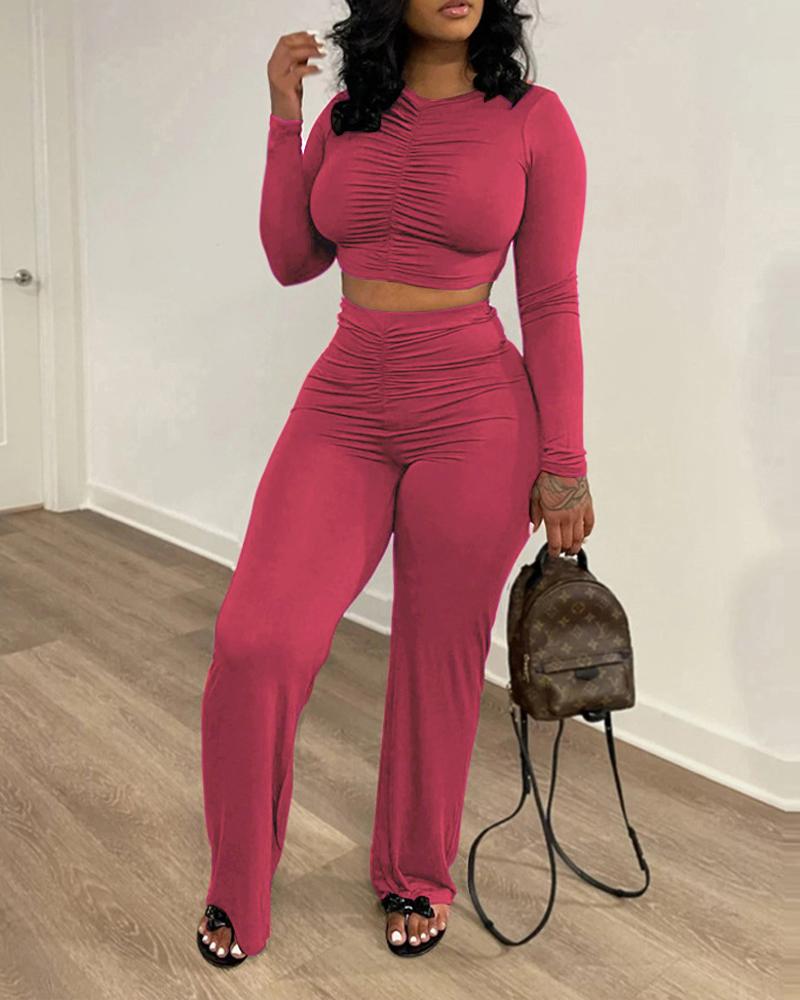 

Ruched Long Sleeve Crop Top & Wide Leg Pants Set, Red