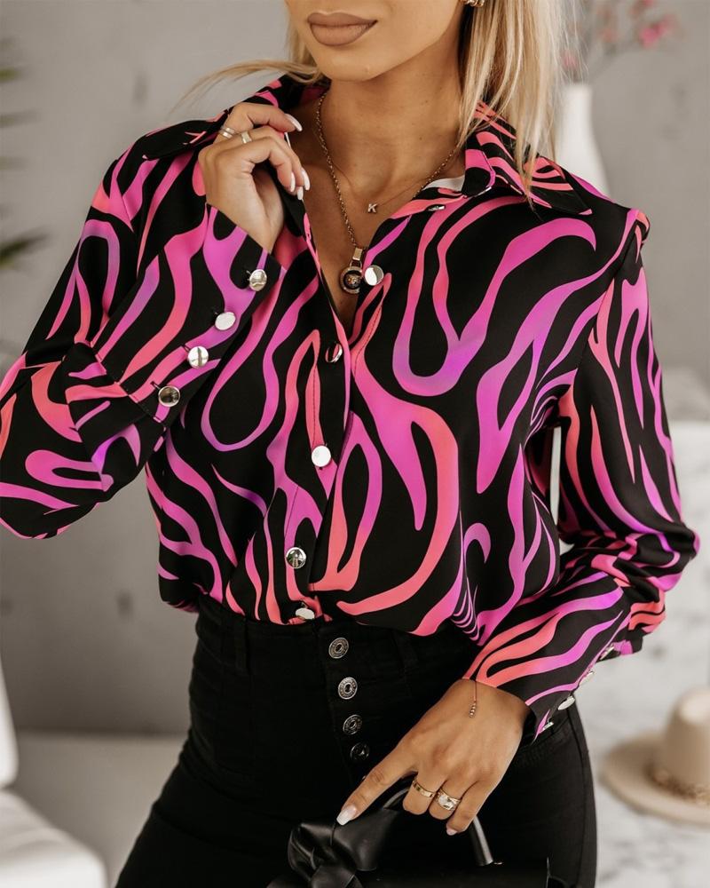 

Zebra Stripe Print Long Sleeve Button Down Shirt, Hot pink