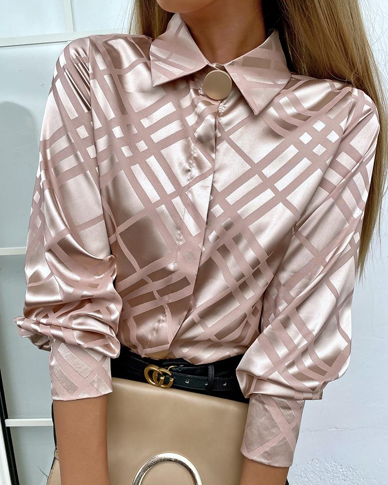 

Plaid Pattern Button Decor Satin Long Sleeve Shirt, Apricot