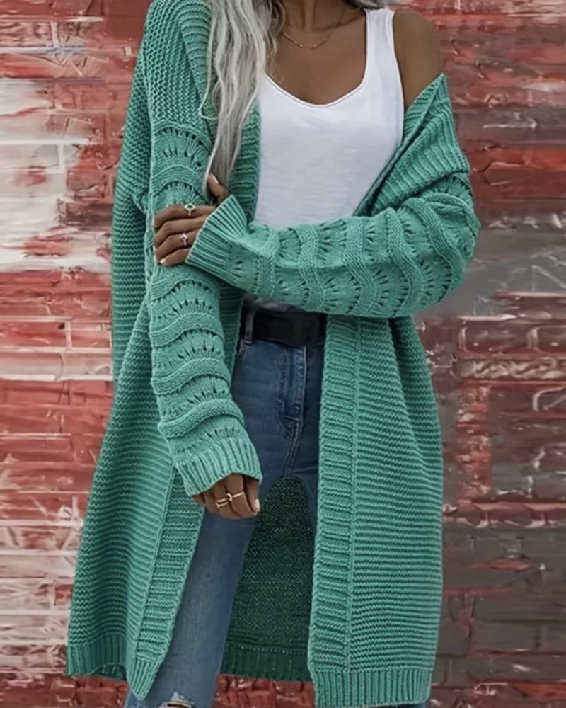 

Hollow Out Open Front Knit Longline Cardigan, Green