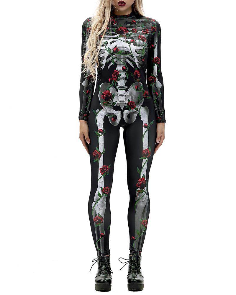 

Skull Skeleton Print Zip Back Halloween Costume Jumpsuit, Style2