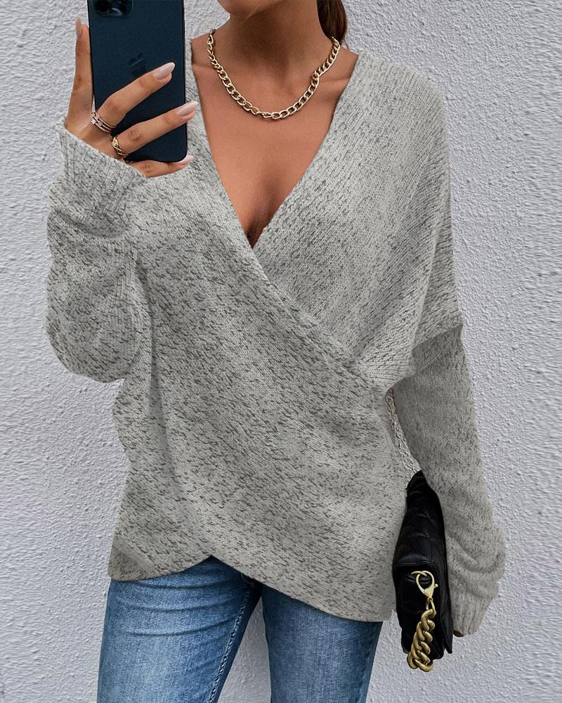

Wrap Front Long Sleeve V-Neck Sweater, Gray