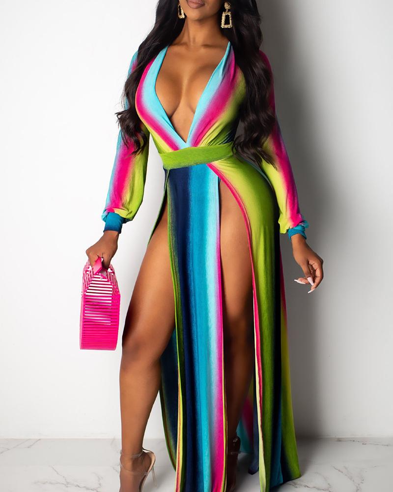 

Gradient Color Block Long Sleeve Slit Maxi Dress, Hot pink