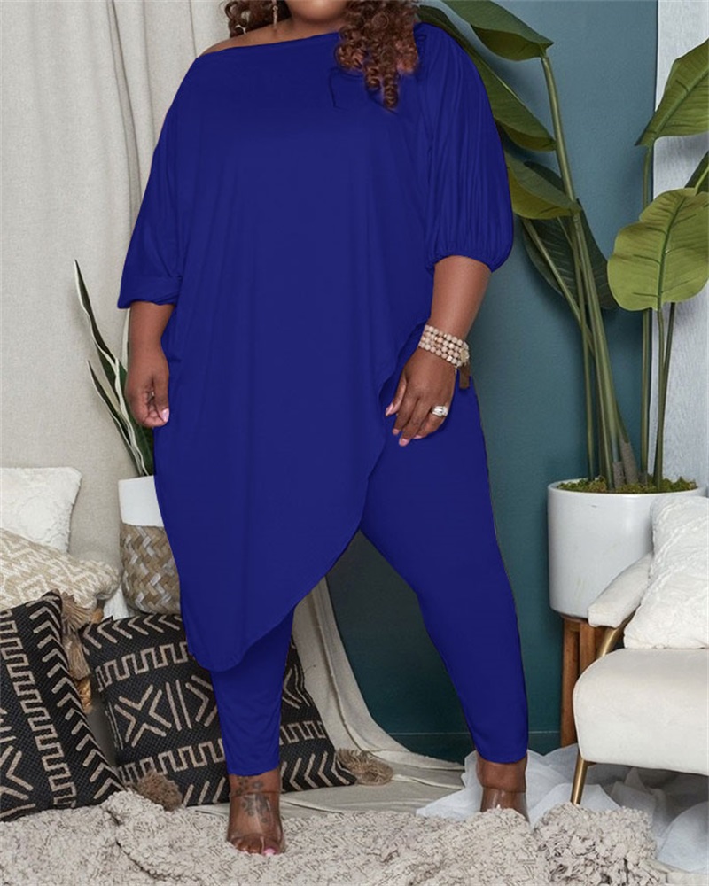 

Plus Size Asymmetrical Top & Pants Set, Dark blue