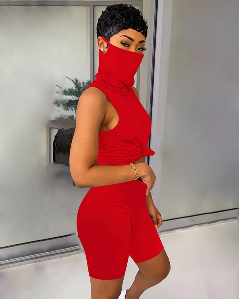 

Solid Sleeveless Casual Top & Shorts Set, Red