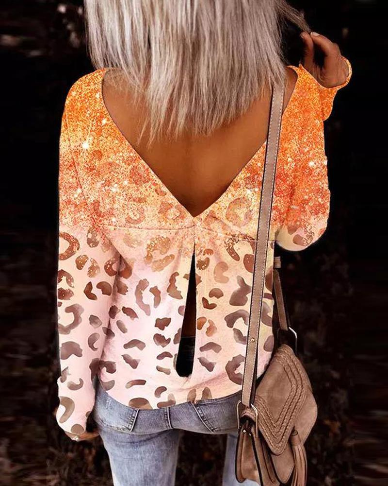 

Glitter Leopard Print Open Back Long Sleeve Top, Orange
