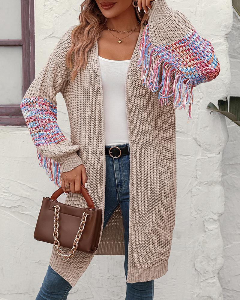 

Striped Open Front Tassel Design Knit Cardigan, Apricot