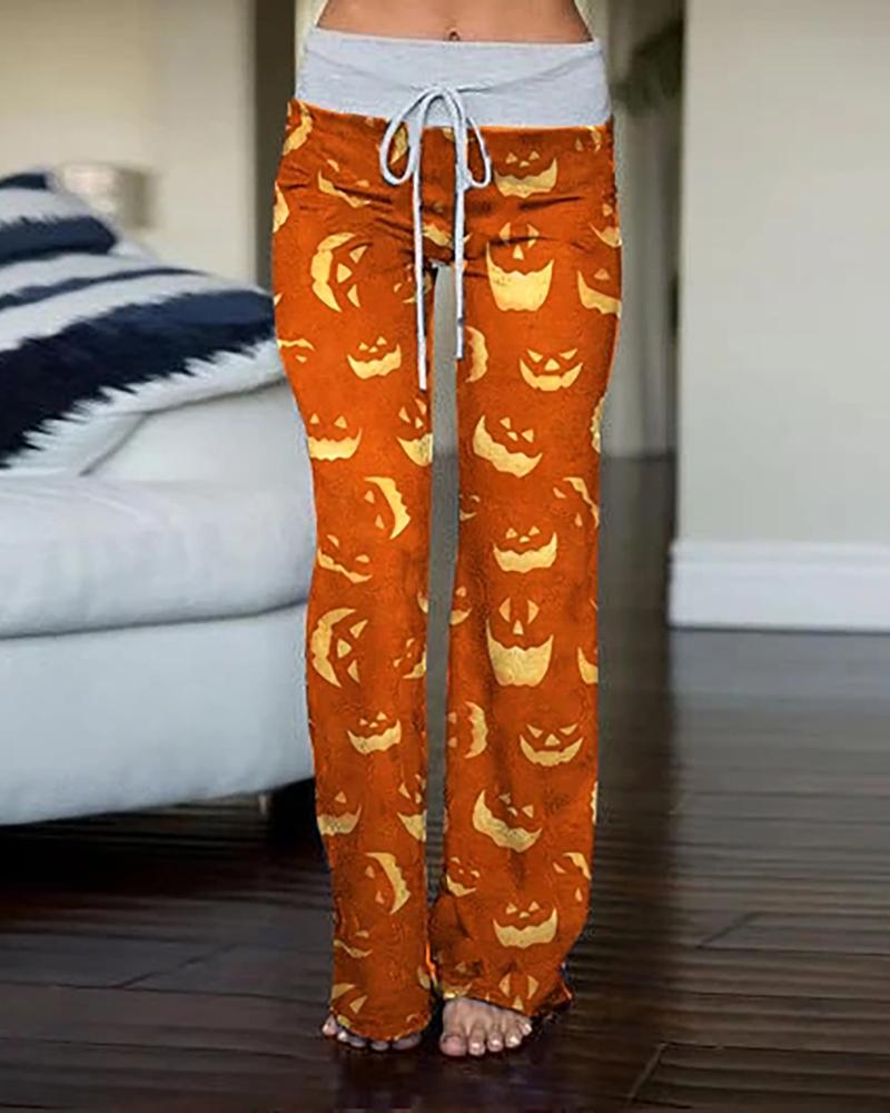 

Halloween Pumpkin Animal Print Drawstring Pants, Orange