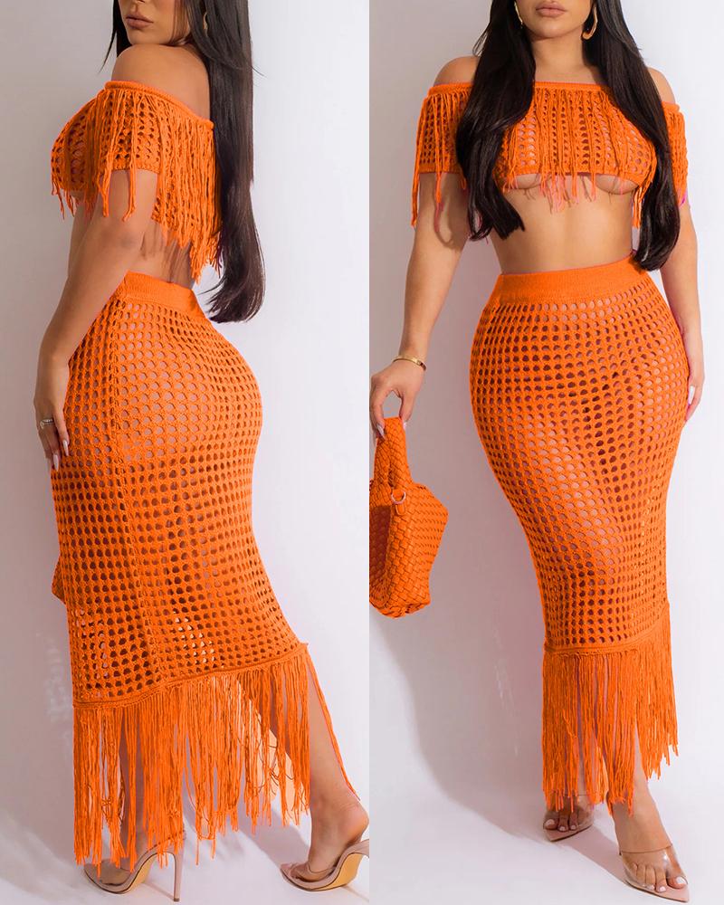 

Tassel Design Crochet Cover Up Top & Maxi Skirt Set, Orange
