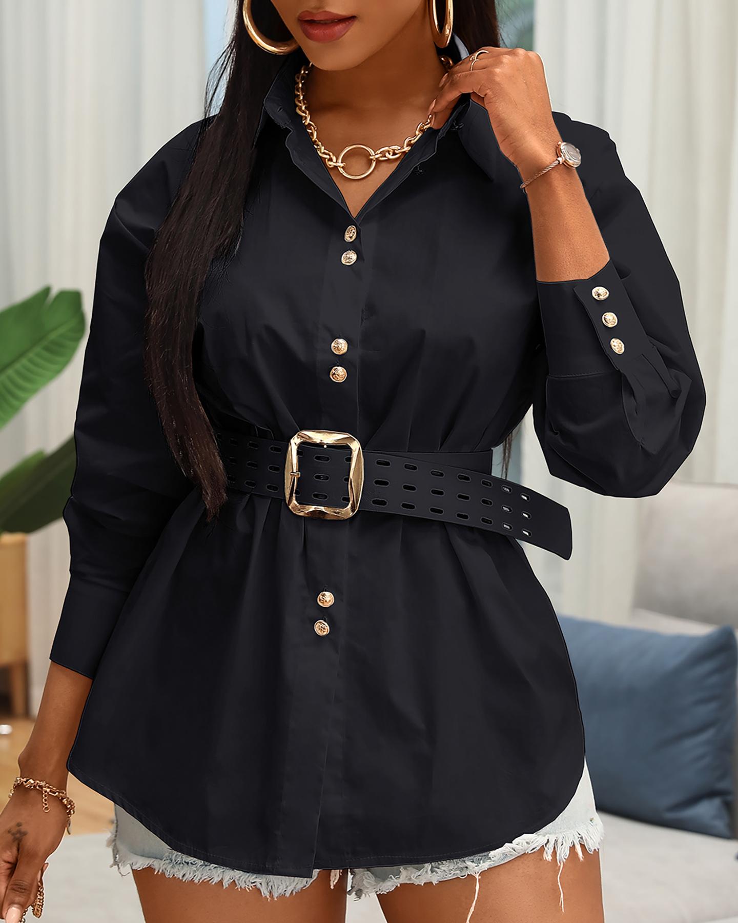 

Button Design Solid Long Sleeve Casual Shirt, Black