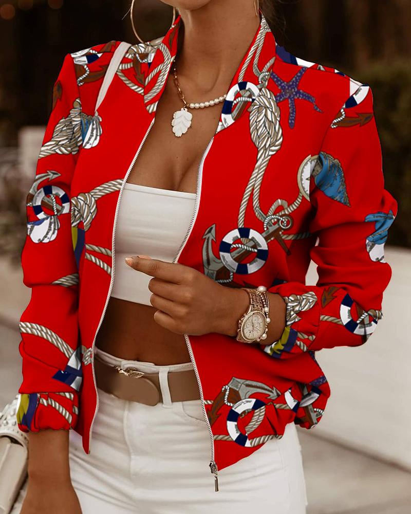 

All Over Print Long Sleeve Zip Up Jacket, Red