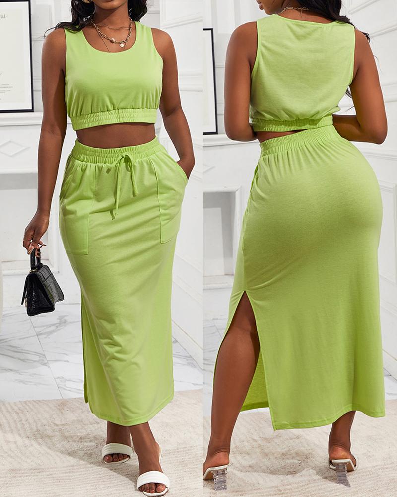 

Crop Tank Top & Split Hem Skirt Set, Yellow