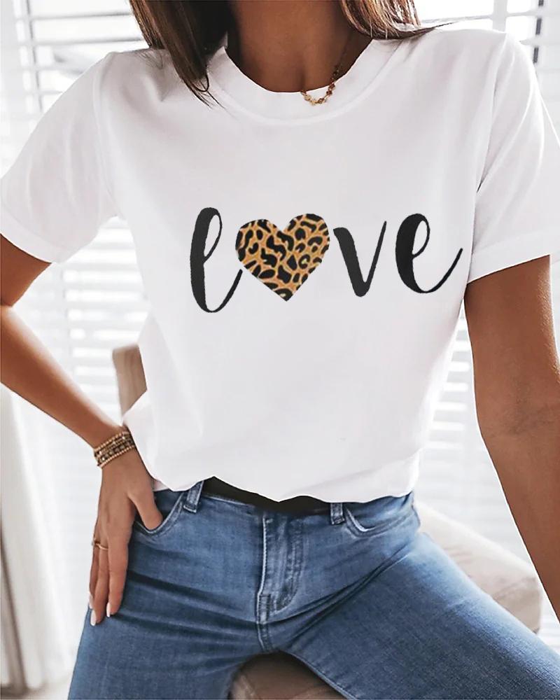 

Leopard Love Heart Print Short Sleeve Casual T-shirt, White