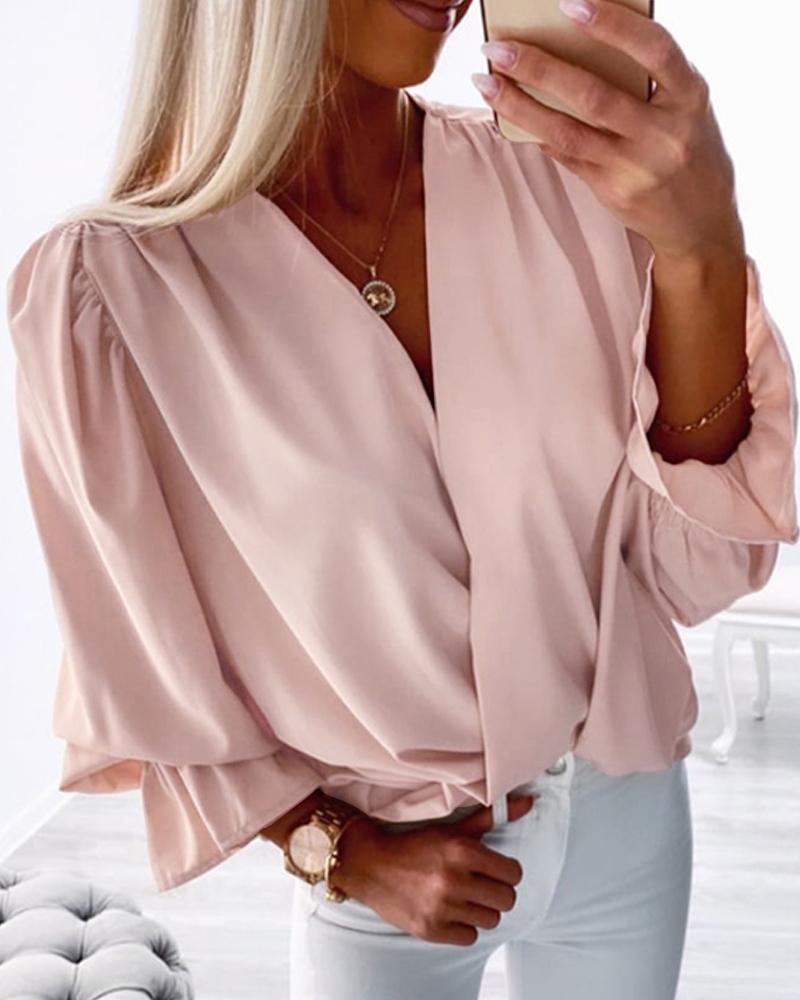 

Deep V-Neck Bell Long Sleeve Blouse Ruched Wrap Pullover Shirt, Apricot