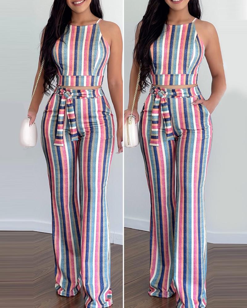 

Striped Print Sleeveless Top & Pants Set, Multicolor